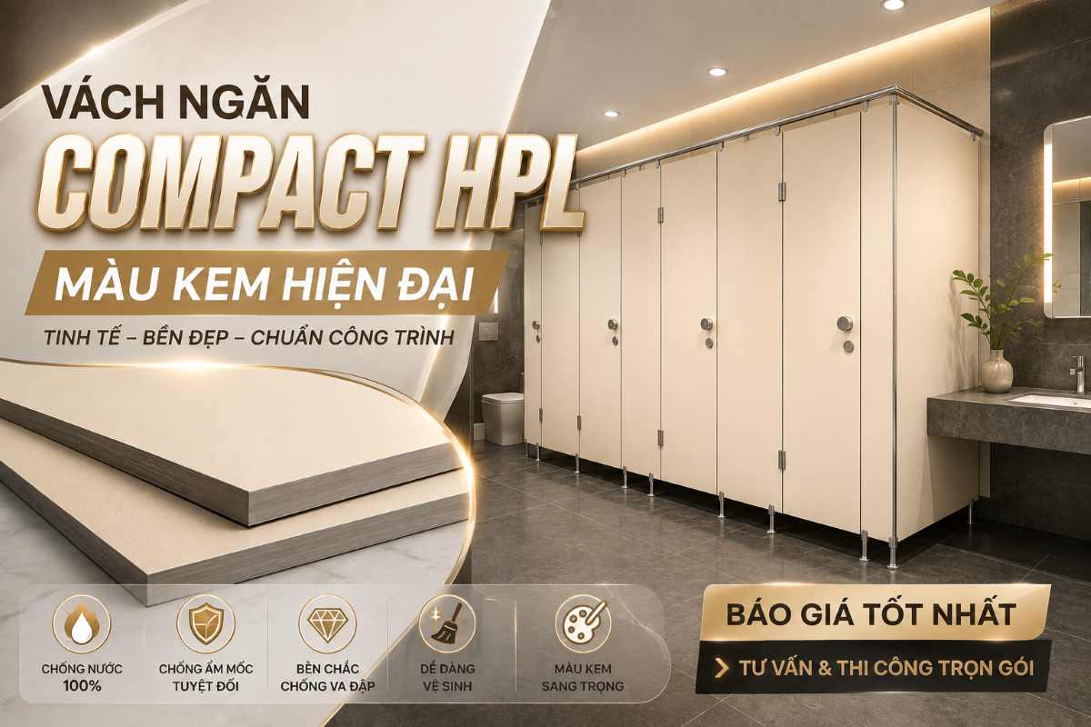Vách Ngăn Compact HPL Màu Kem Hiện Đại | Báo Giá & Thi Công Vách Ngăn Vệ Sinh